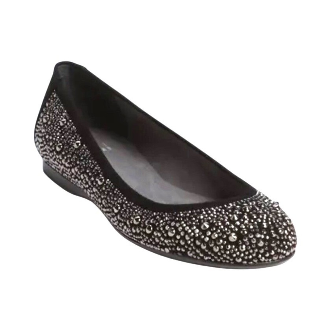 Stuart Weitzman Black Suede Studded Rhinestone Ballet Flats Size 6.5 NEW